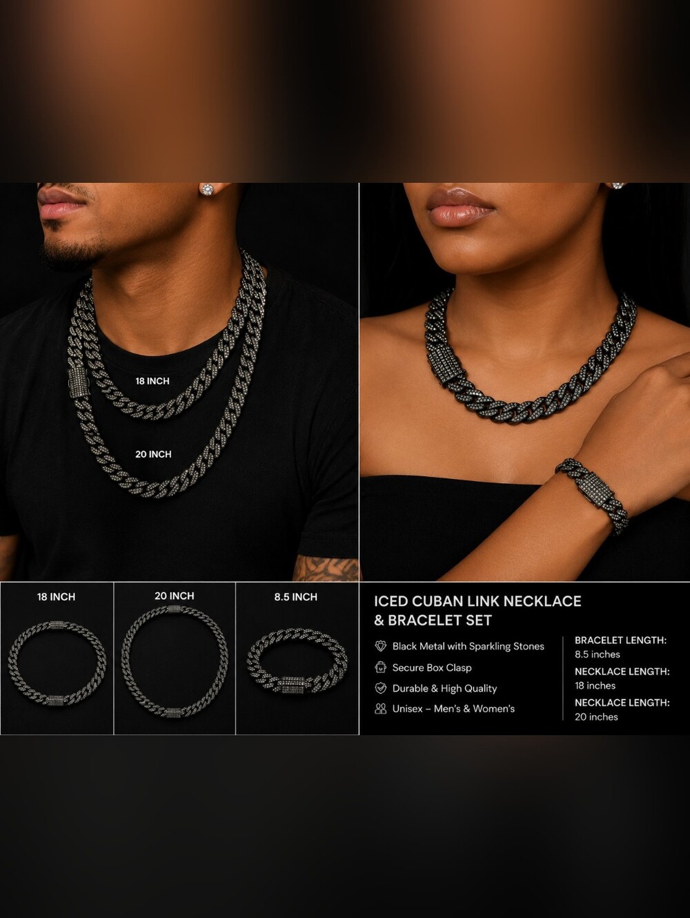 Black Stainless Steel Iced Cuban Link Set | 18" & 20" Necklaces + 8.5" Bracelet